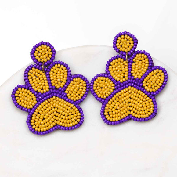 Paw Print Beaded Earrings-Yellow/Purple