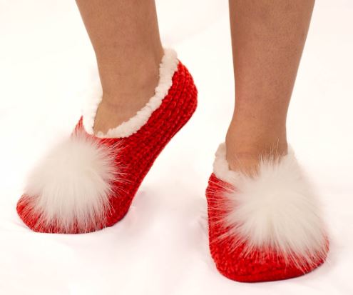 Women's Pom Pom Sherpa Footies-Red/White