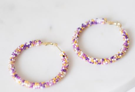Paradise Beaded Hoop Earrings Purple/Yellow/White