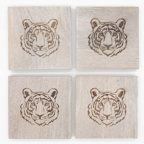 Tiger Etched Wood Coasters-Set of 4