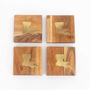 Louisiana Wood Coasters- Natural/Brass- Set of 4