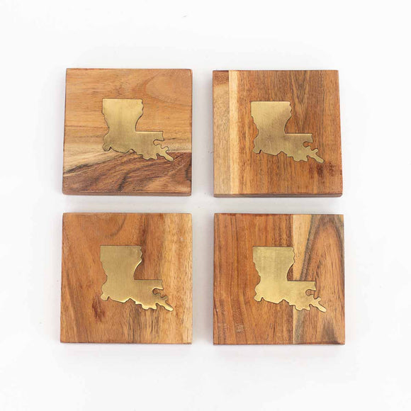 Louisiana Wood Coasters- Natural/Brass- Set of 4