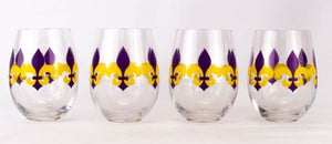 Fleur de Lis Stemless Wine Glass Gift Set - Set of 4 (Purple & Yellow)