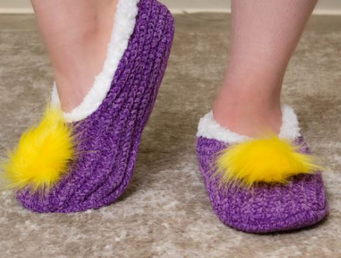 Women's Pom Pom Sherpa Footies-Purple/Yellow-S/M