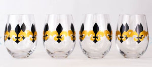 Fleur de Lis Stemless Wine Glass Gift Set - Set of 4 (Black & Gold)